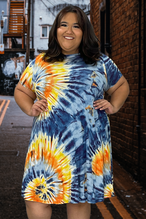 98 PSS-F {Halfway To You} Blue/Orange Burst Print Dress EXTENDED PLUS SIZES 3X 4X 5X