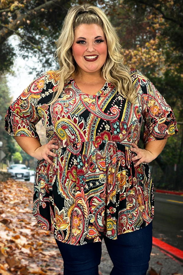 26 PQ-L {Happy Paisley} Black Red Paisley Babydoll Top  EXTENDED PLUS SIZE 1X 2X 3X 4X 5X