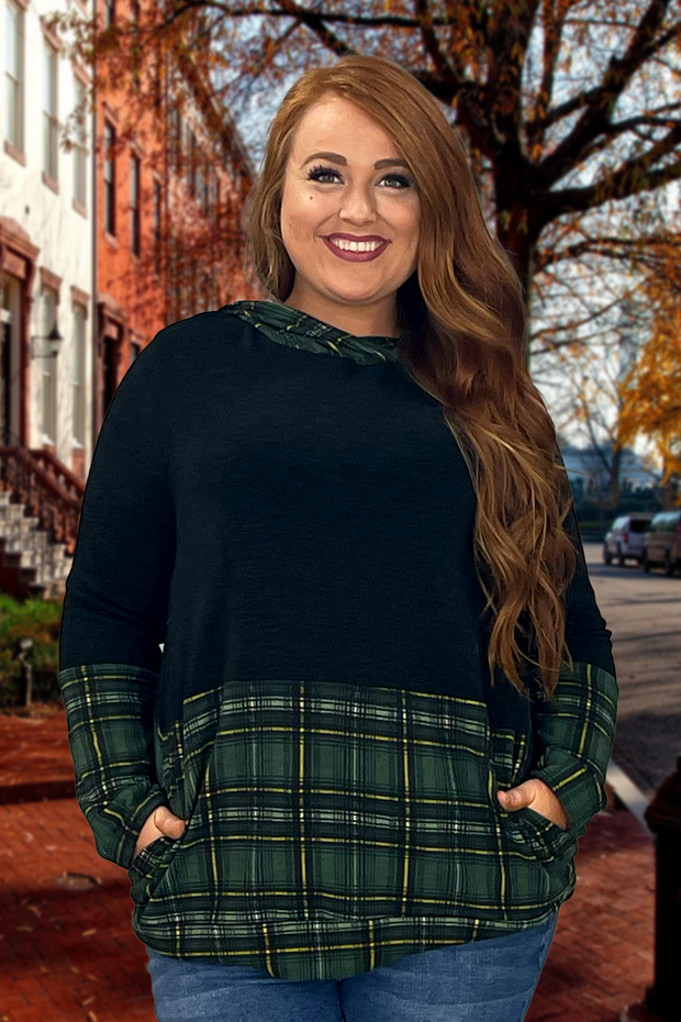 23 HD-E {Having A Good Time}  Black With Green Plaid Hoodie PLUS SIZE XL 2X 3X