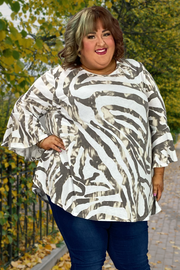 25 PQ-A {Highly Recommend} Ivory Print Top W/Bell Sleeves EXTENDED PLUS SIZE 3X 4X 5X