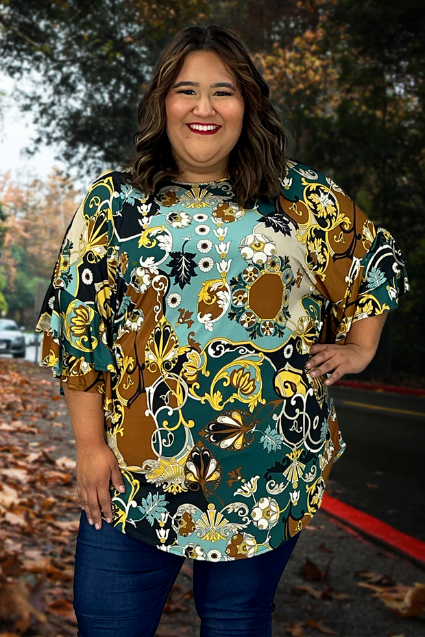 30 PQ-P {High Society} Green Multi-Color Print Tunic EXTENDED PLUS SIZE 3X 4X 5X