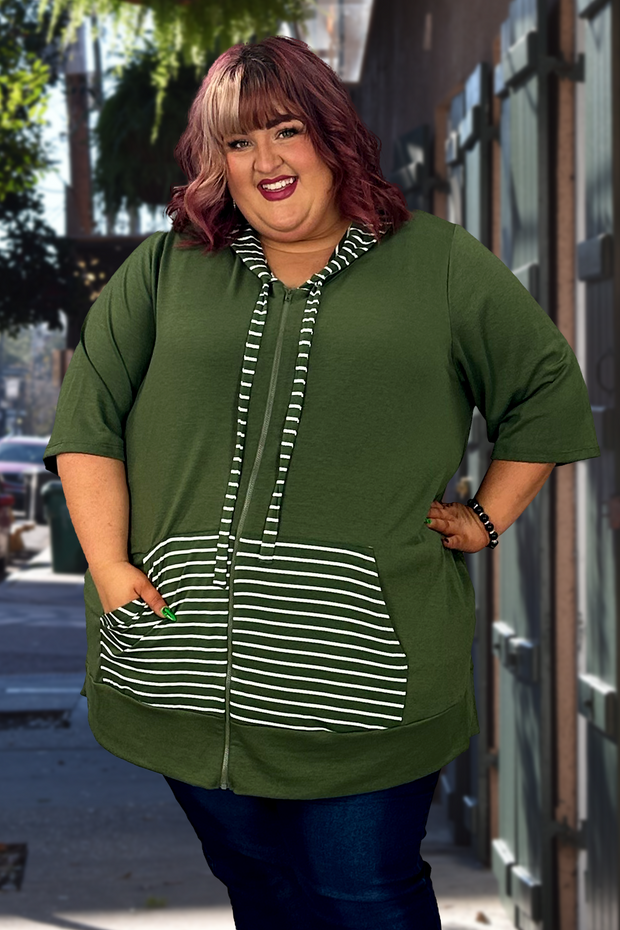 94 CP-H {Hometown Girl} GREEN Hoodie W/Striped Contrast CURVY BRAND!!  EXTENDED PLUS SIZE 3X 4X 5X 6X