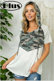 63 CP-H {Camo Cutie} Camo Contrast Top w Hood PLUS SIZE XL 2X 3X