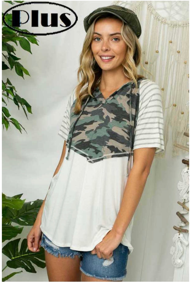 63 CP-H {Camo Cutie} Camo Contrast Top w Hood PLUS SIZE XL 2X 3X