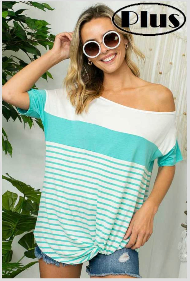 63 CP-I {Ocean Breeze}  SALE! Teal & White Stripe Contrast Top PLUS SIZE XL 2X 3X