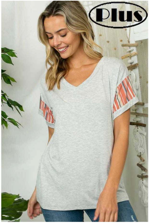 63 PSS-D {Vacay Ready}  SALE! Grey V Neck Top Contrast Sleeves PLUS SIZE XL 2X 3X