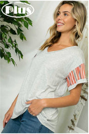 63 PSS-D {Vacay Ready}  SALE! Grey V Neck Top Contrast Sleeves PLUS SIZE XL 2X 3X