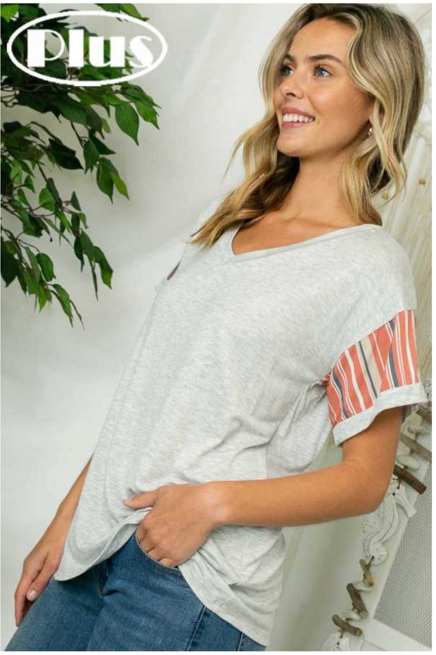 63 PSS-D {Vacay Ready}  SALE! Grey V Neck Top Contrast Sleeves PLUS SIZE XL 2X 3X