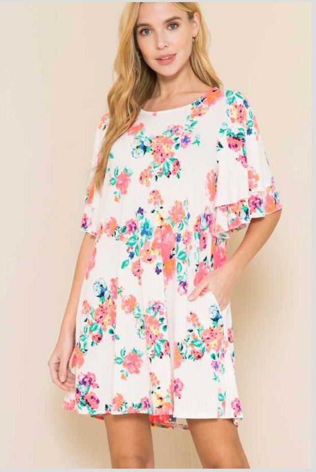 63 PSS-B {Blissful Moments} ***SALE***Ivory/Neon Pink Floral Dress PLUS SIZE XL 2X 3X