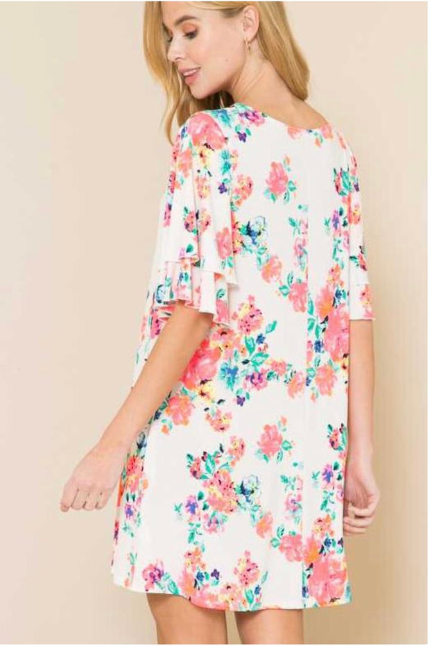 63 PSS-B {Blissful Moments} ***SALE***Ivory/Neon Pink Floral Dress PLUS SIZE XL 2X 3X