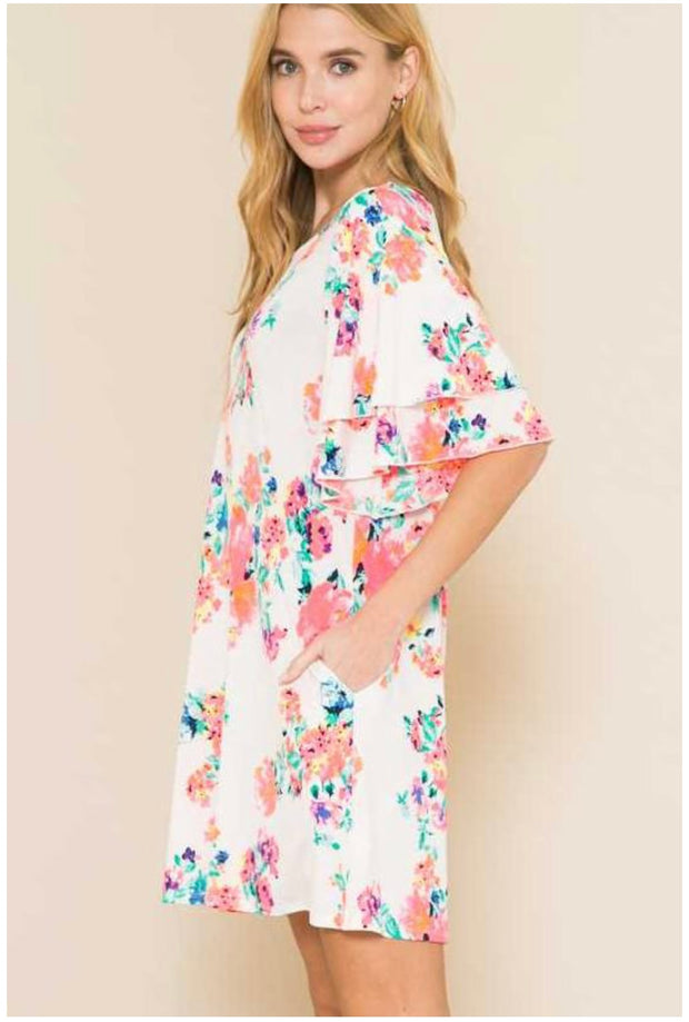 63 PSS-B {Blissful Moments} ***SALE***Ivory/Neon Pink Floral Dress PLUS SIZE XL 2X 3X