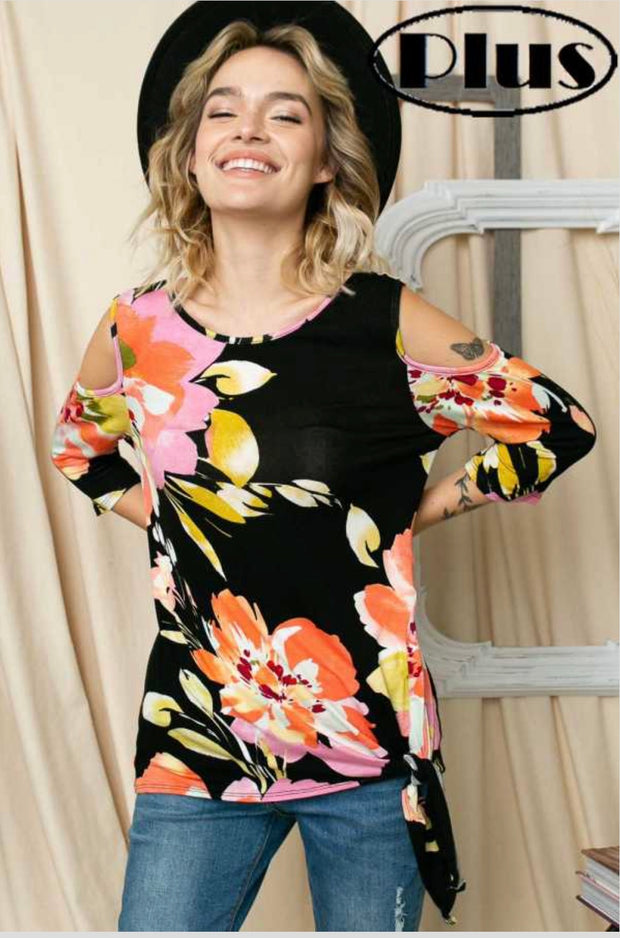 63 PQ-W {Caught My Eye} Black Floral Print Top w/Tie PLUS SIZE XL 2X 3X