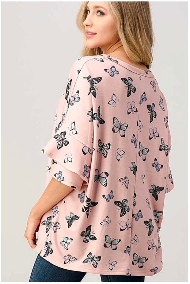 62 PSS-A {Butterfly Frenzy} SALE!!  Blush Pink Printed Top PLUS SIZE XL 2X 3X