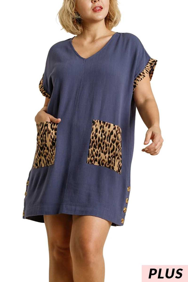 63 CP-B {Too Purrfect} "UMGEE" Sale!  Navy Dress Leopard Pocket PLUS SIZE L 1X 2X