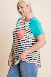 63 CP-A {Cosmic Love}  SALE! Teal/Coral Contrast Top with Pocket PLUS SIZE XL 2X 3X