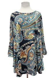 55 PQ-E {Day Trip} Black Teal Paisley Print Top EXTENDED PLUS SIZE 3X 4X 5X