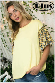 63 PSS-A {Lovely Leopard} SALE!  Yellow Top w Leopard Sleeves PLUS SIZE XL 2X 3X