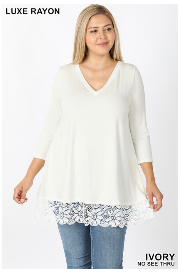 SD-M (Just Amazing) Ivory V-Neck Lace Hem Tunic *SALE!!*  PLUS SIZE 1X 2X 3X