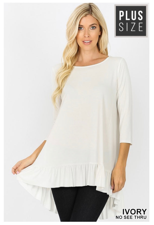 SQ-S (Sweet Muse) Ivory Hi-Low Tunic Ruffle Hem Plus Size