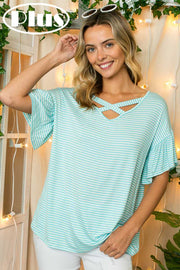 63 PSS-Z {Colorful Life} SALE!  Aqua Blue Striped Criss-Cross Top PLUS SIZE XL 2X 3X