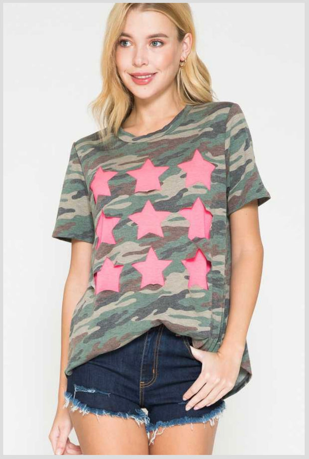 65 CP-V {Wild Times Ahead} Camo Top ***SALE***with Neon Pink Stars PLUS SIZE 1X 2X 3X