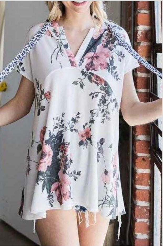 66 CP-O {It's Your Time}***SALE*** Floral Babydoll Top with Hood PLUS SIZE 1X 2X 3X