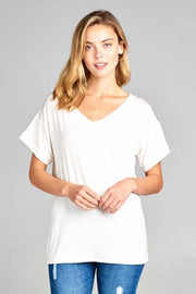 63 SSS-X {Easy Going}  SALE! WHITE V-Neck Top Cuffed Sleeves PLUS SIZE XL 2X 3X
