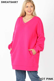 41 SLS-N [COZY DAYS} Fuchsia V-Neck Tunic with Pockets SALE!!! PLUS SIZE XL 2X 3X