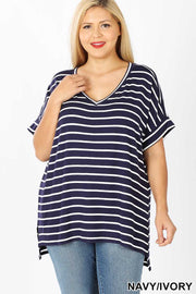 63 PSS-B {Good Energy} Navy Striped Top Cuffed Sleeves PLUS SIZE XL 2X 3X