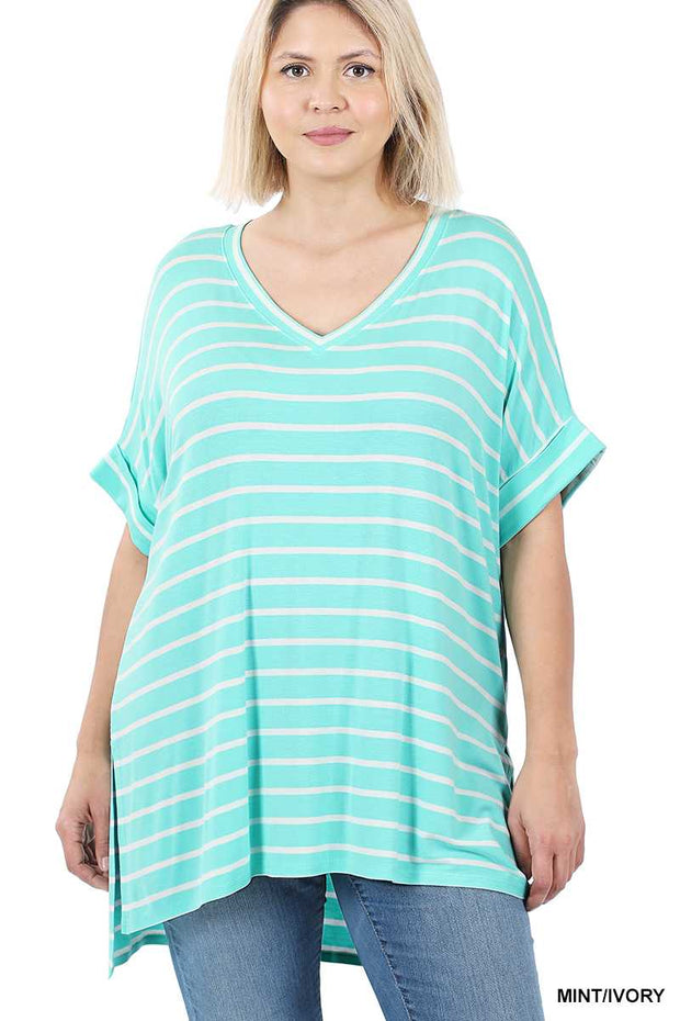 63 PSS-E {Good Energy}  SALE!! Mint Striped Top Cuffed Sleeves PLUS SIZE XL 2X 3X