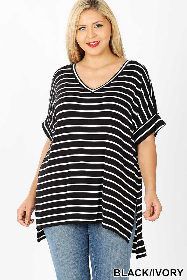 63 PSS-A {Good Energy} SALE!! Black Striped Top Cuffed Sleeves PLUS SIZE XL 2X 3X