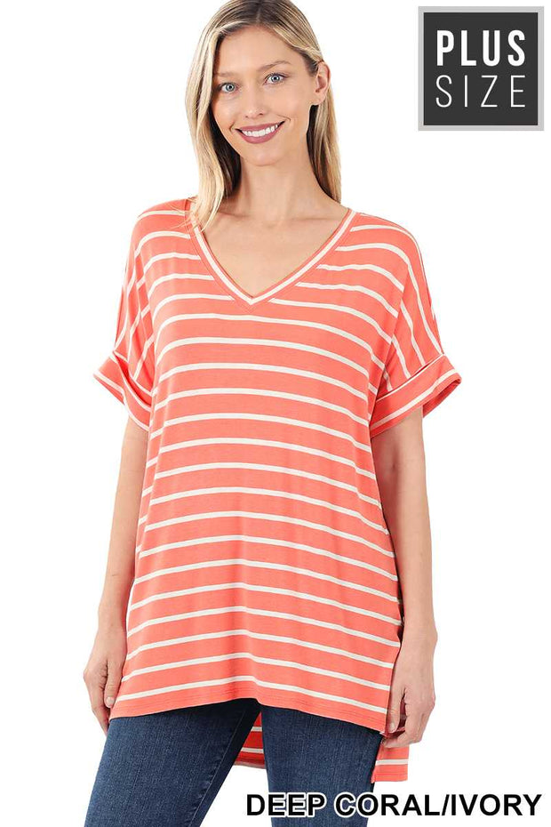 63 PSS-F {Good Energy}  SALE!! Coral Striped Top Cuffed Sleeves PLUS SIZE XL 2X 3X