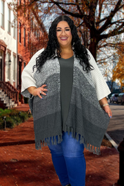 OT-X {I'll Be Waiting} Grey White Fringe Poncho PLUS SIZE XL 2X 3X