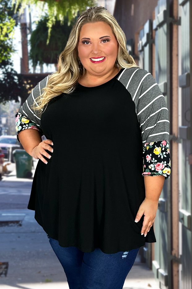 28 CP-A {I'm Flattered} Black Grey Stripe Contrast Top CURVY BRAND EXTENDED PLUS SIZE 1X 2X 3X 4X 5X 6X