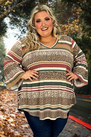 38 PQ-B {Join Me Now} Brown Mixed Print Striped Top EXTENDED PLUS SIZE 3X 4X 5X