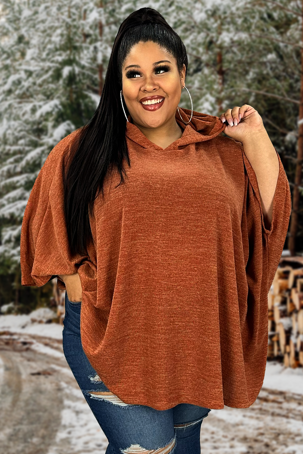 49 HD-D {Keep The Watch} Rust Oversize Knit Top w/Hood PLUS SIZE XL 2X 3X