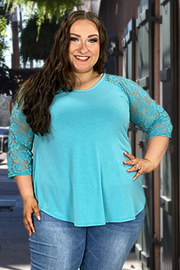 FLASH SALE!! 56 SQ-O {Lacey Faith} Dusty Teal Tunic w Lace Sleeves PLUS SIZE XL 2X 3X