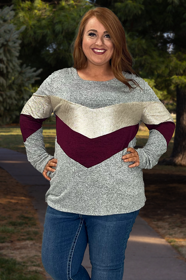 29 CP-H {Like A Champ} Grey Maroon Metallic Top PLUS SIZE XL 2X 3X