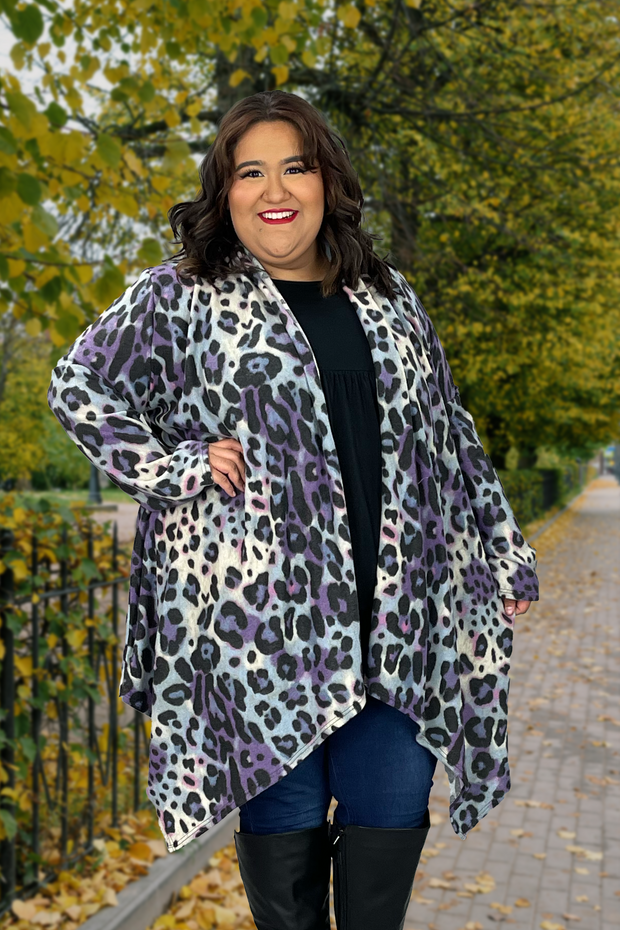 31 OT-A {Love Notes} Blue/Purple Leopard Shark Bite Cardigan EXTENDED PLUS SIZE 3X 4X 5X