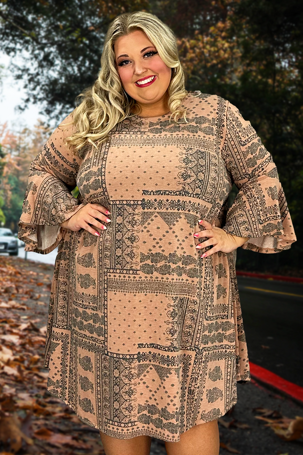 76 PQ-G {Matters To Me} Dusty Rust Print Bell Sleeve Dress EXTENDED PLUS SIZE 3X 4X 5X