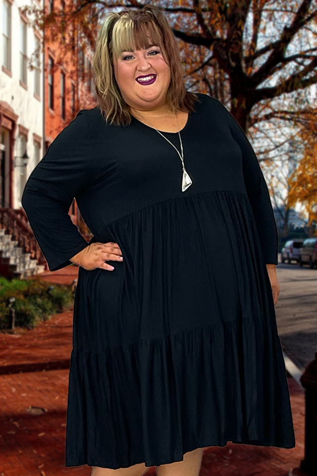 84 SQ-A {My Natural State} Black V-Neck Tiered Dress EXTENDED PLUS SIZE XL 2X 3X 4X 5X