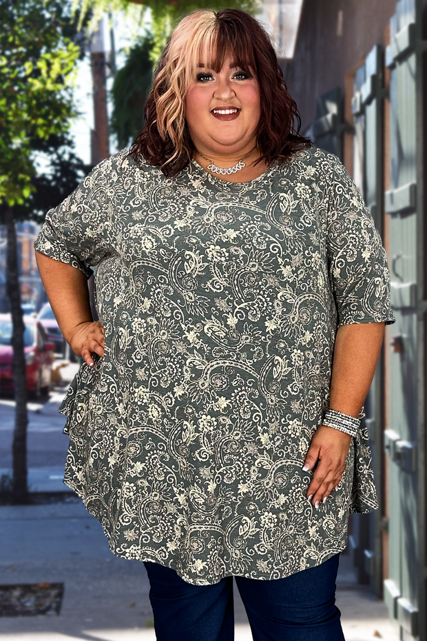 45  PSS-A {Naturally Cool} Charcoal Paisley Print Top EXTENDED PLUS SIZE 3X 4X 5X