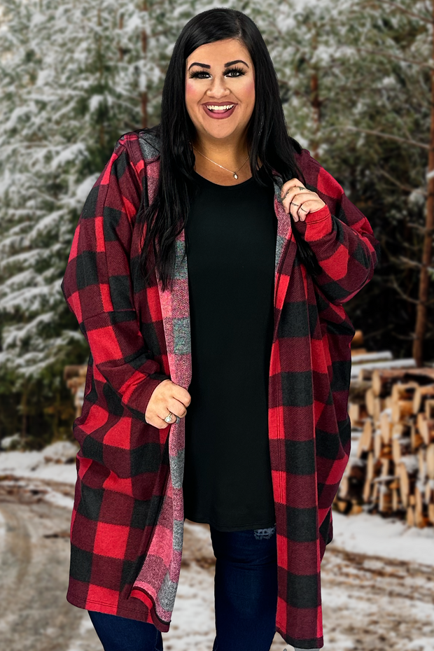 56 OT-H {Never A Worry} Red Plaid Hooded Cardigan EXTENDED PLUS SIZE 3X 4X 5X