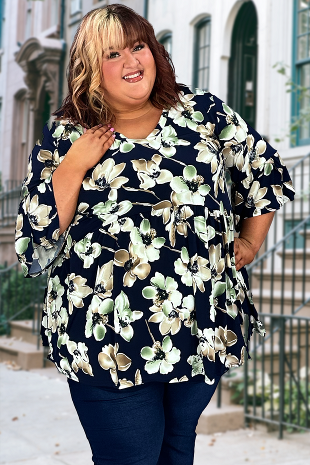 51 PSS-H {New Sight} Navy Floral Print Babydoll Top EXTENDED PLUS SIZE 3X 4X 5X