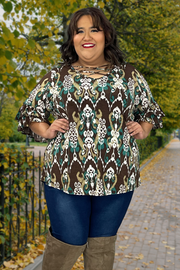 27 PQ-A {New Tradition} Brown Green Print Strappy Neck Top CURVY BRAND EXTENDED PLUS SIZE 3X 4X 5X