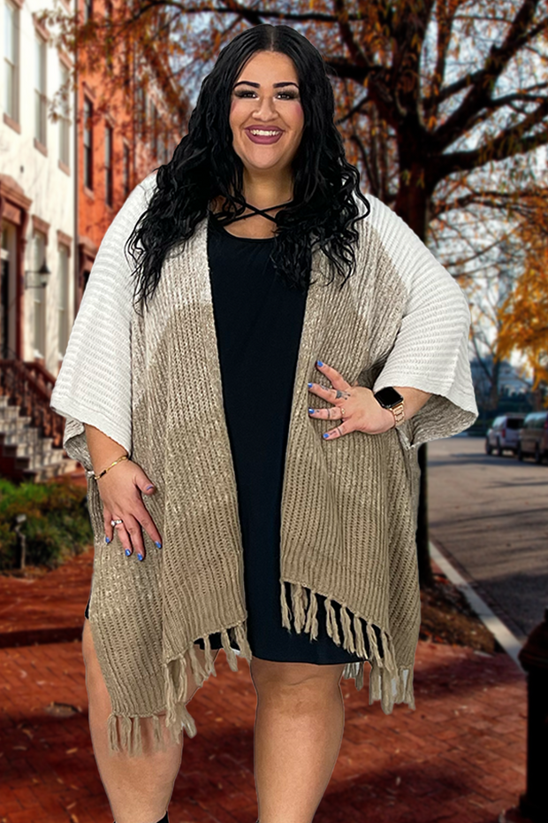 OT-X {No Control} Mocha White Fringe Poncho PLUS SIZE XL 2X 3X