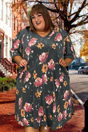32 PSS-C {No Fooling Around} Charcoal Floral V-Neck Dress EXTENDED PLUS SIZE 3X 4X 5X