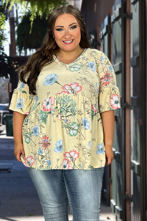 70 PSS-G {Not Counting} Yellow Floral Printed Top  PLUS SIZE 1X 2X 3X