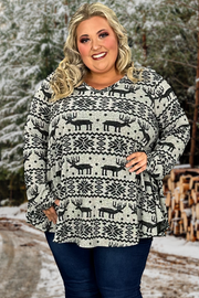 50 PLS-D {Once Upon A Deer} Grey Reindeer Print V-Neck Top EXTENDED PLUS SIZE 3X 4X 5X