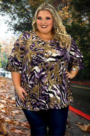 30 PQ-R {Purple Hugs}  Purple Gold Printed Babydoll Top EXTENDED PLUS SIZE 1X 2X 3X 4X 5X